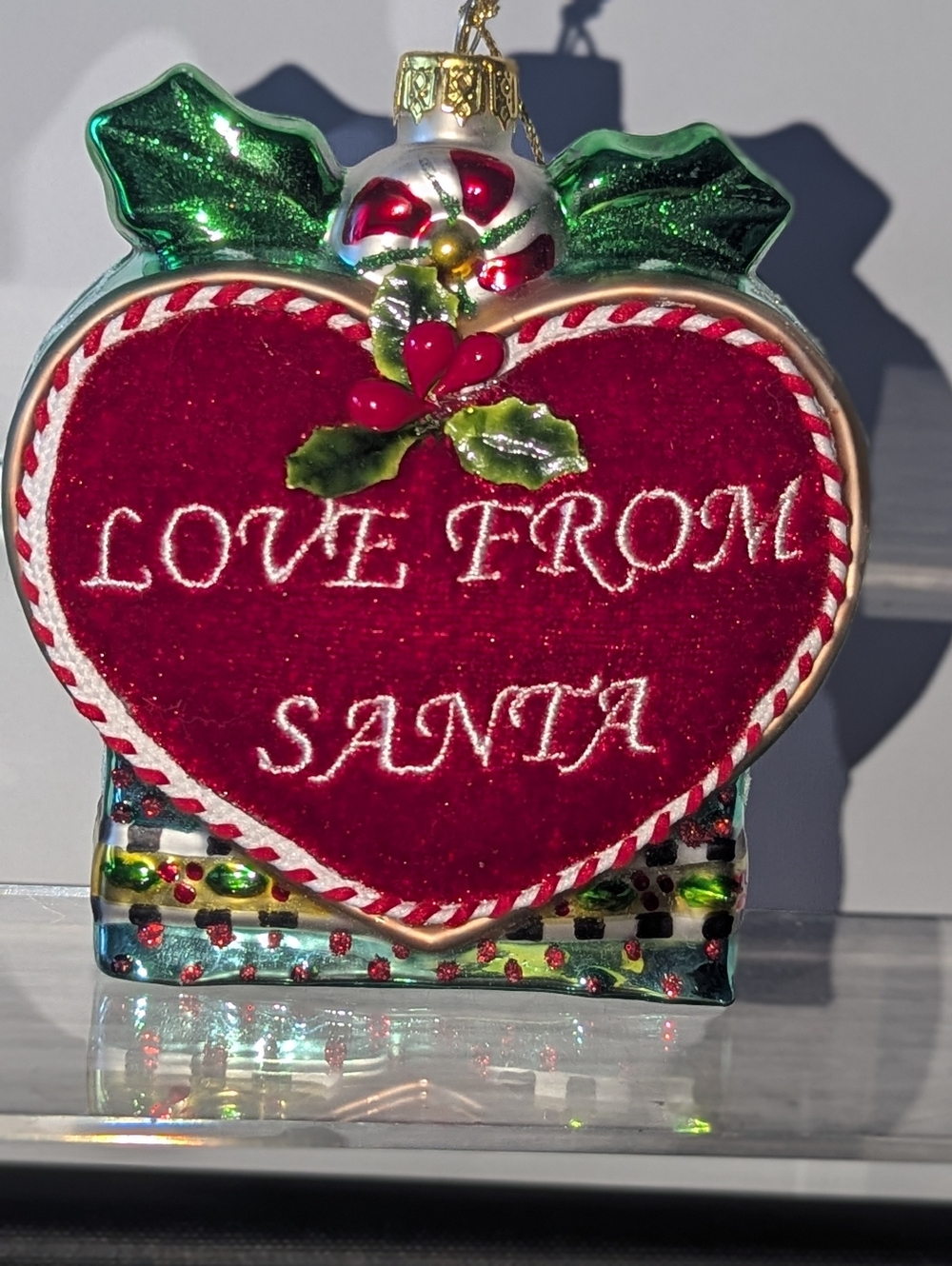VTG Dillard’s Trimsetter Blown Glass & Velvet Heart Ornament - Love From Santa